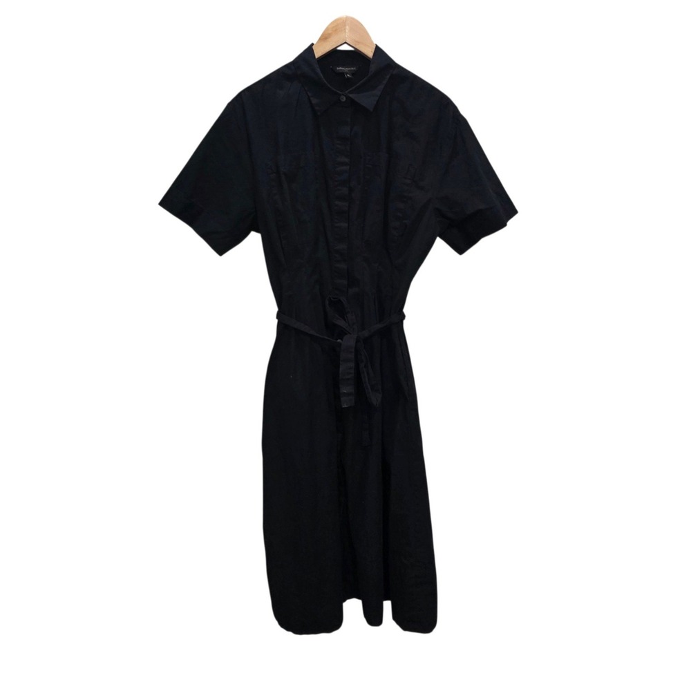 Banana Republic Shirt Dress Womens Medium Black Cotton Short Sleeve Belted Midi